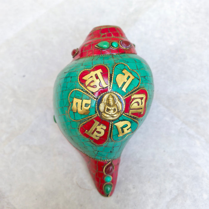 Conchiglia Rituale Tibetana con Buddha e mandra