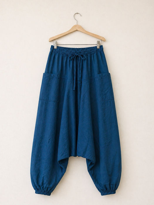 Pantalone cavallo basso in cotone blu petrolio
