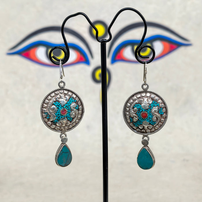 Tibetan silver earrings with turquoise and coral