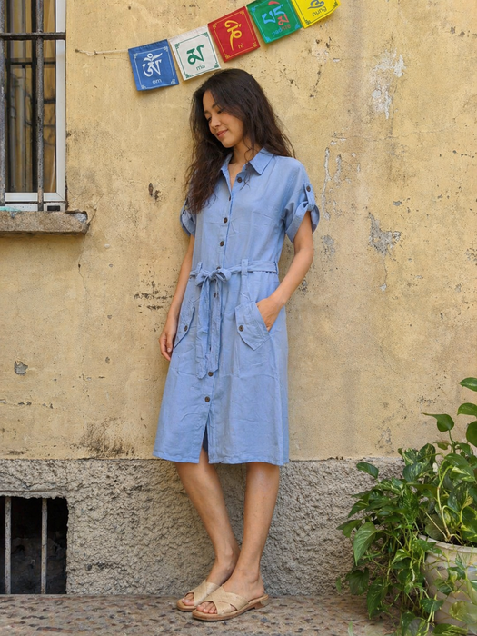 Long dress with waist belt and side button pockets, light blue
