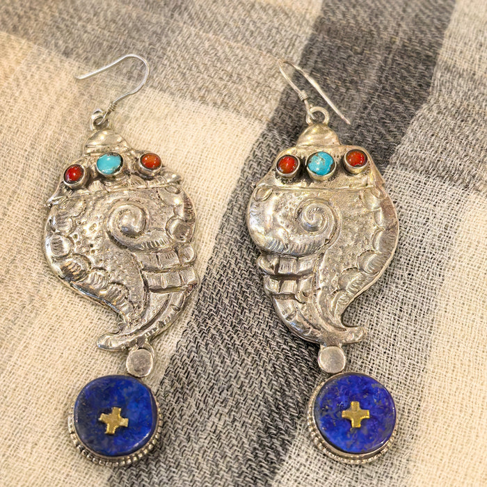 Earrings with Shells, Lapis Lazuli, Turquoise, and Coral
