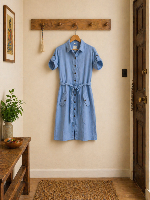 Long dress with waist belt and side button pockets, light blue