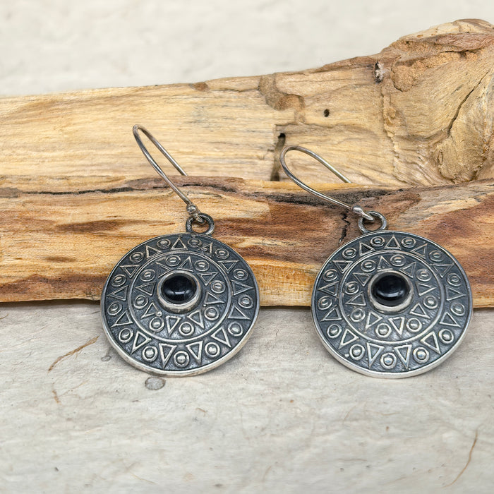 Tibetan silver earrings with black tourmaline