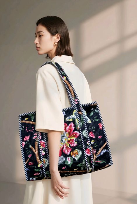 Borsa Tote Artigianale Nero Floreale