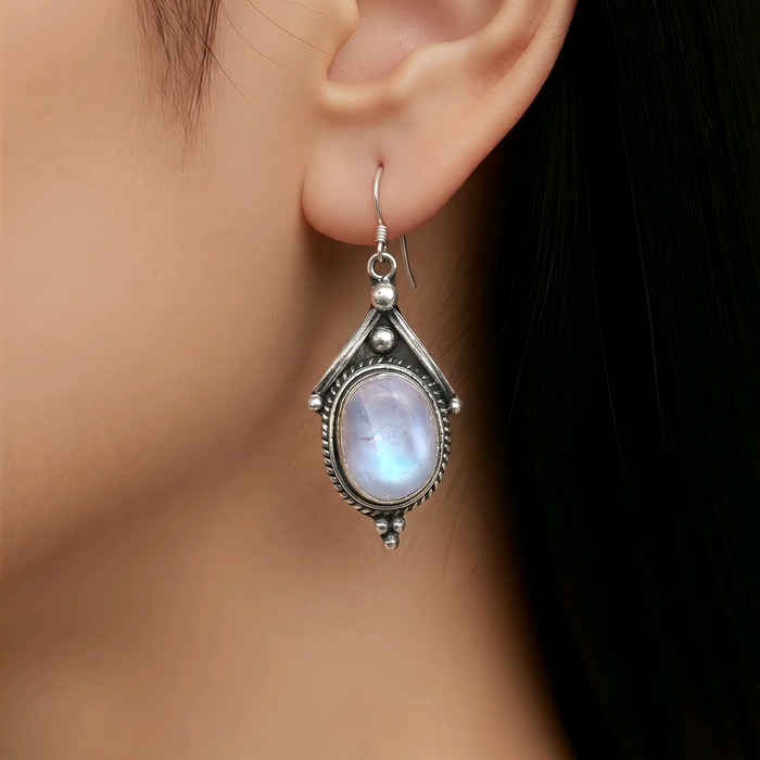Tibetan silver earrings with moonstones