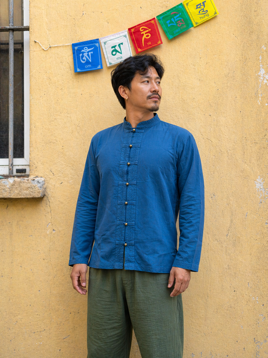 Petroleum blue long-sleeved Korean collar shirt