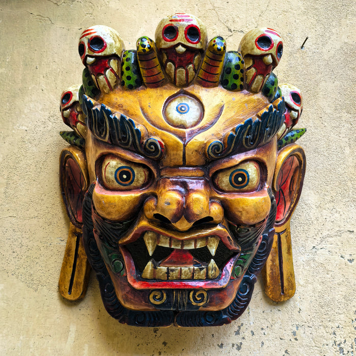 Maschera di Mahākāla Gialla in Legno | Arte Rituale Tibetana | Tibet Shop Milano