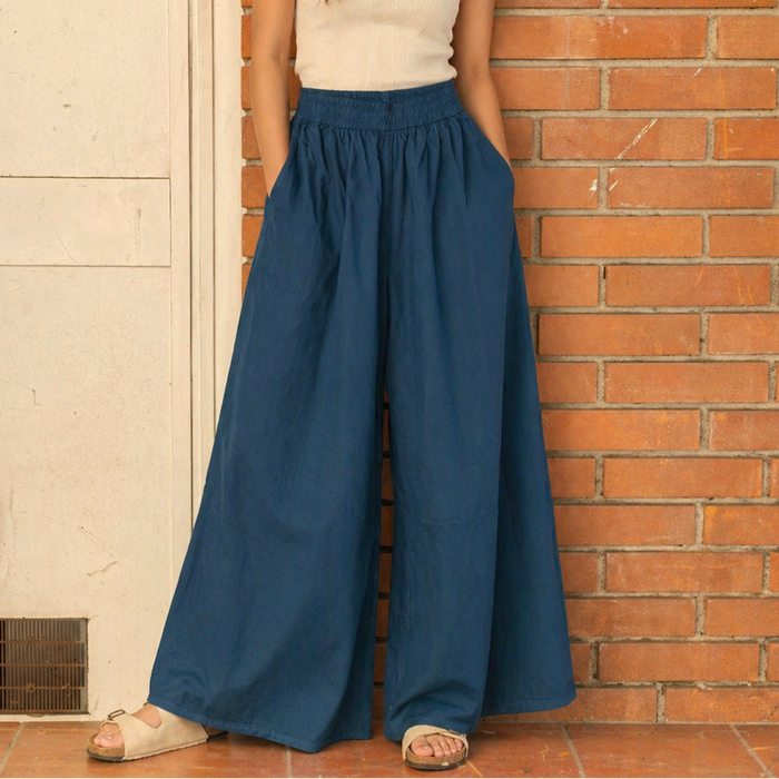 Pantalone gonna gamba larga in cotone blu petrolio