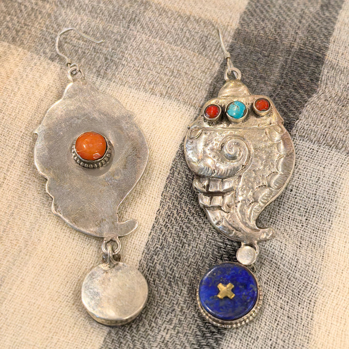 Earrings with Shells, Lapis Lazuli, Turquoise, and Coral
