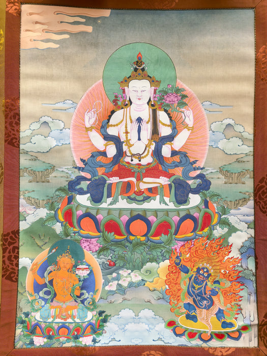 Thangka Rigsun Gonpo: Chenrezig, Manjushri e Vajrapani
