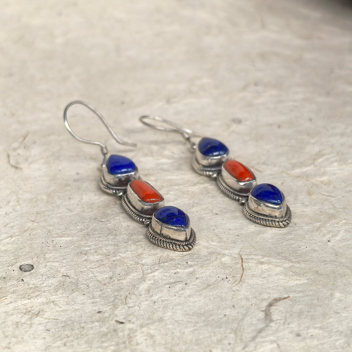 Tibetan silver earrings with lapis lazuli and coral