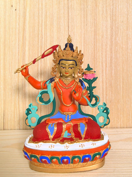 Statua Manjushri in bronzo dipinto a mano