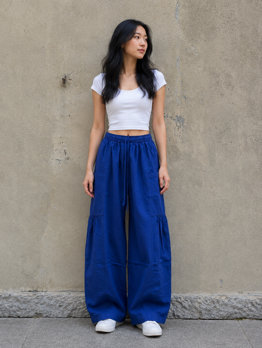 Pantalone a gamba larga con coulisse in vita Blu