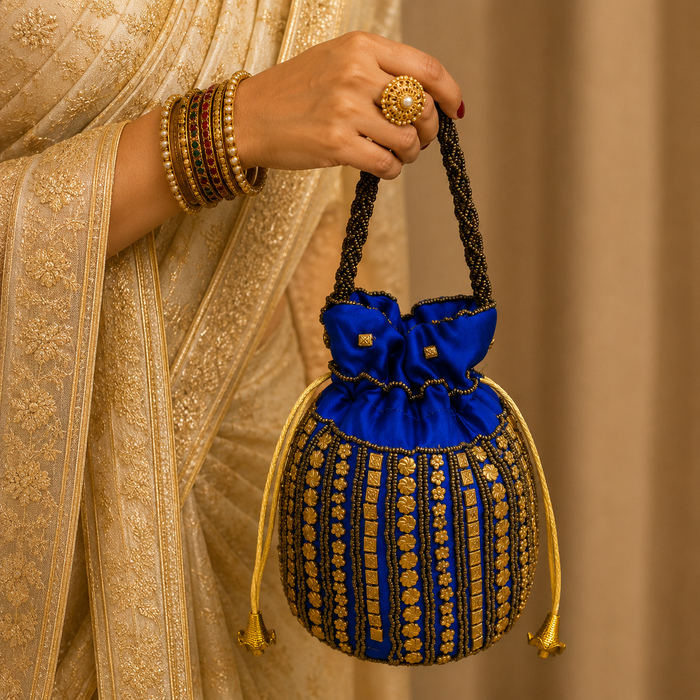 Borsa Potli Indiana blu in Tessuto di Sari con Ricami e Perline Dorate