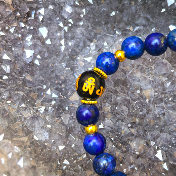 Lapis lazuli bracelet with Om mani padme hum on Black Tourmaline