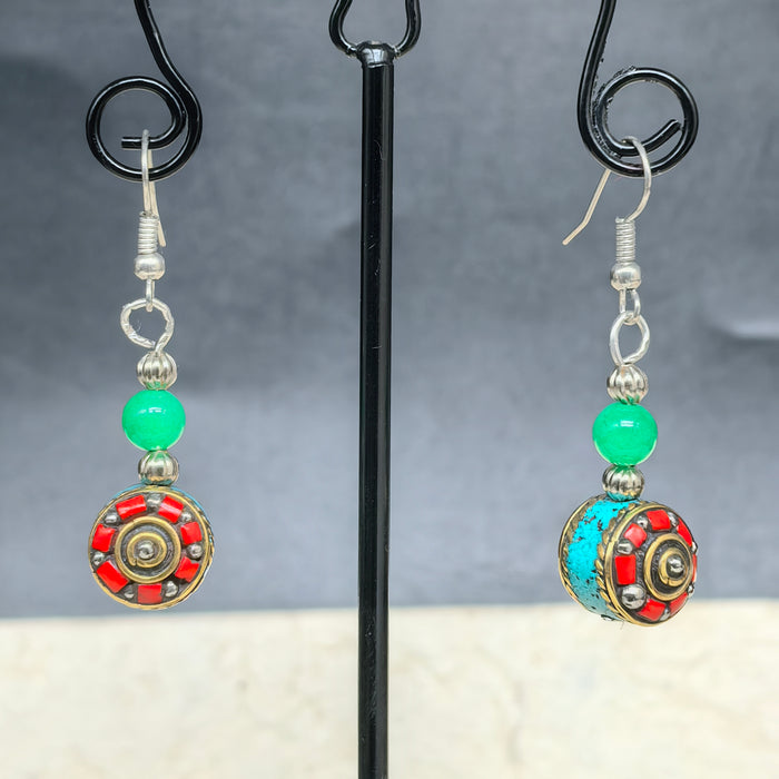 Handcrafted Tibetan Earrings with Green Agate Beads