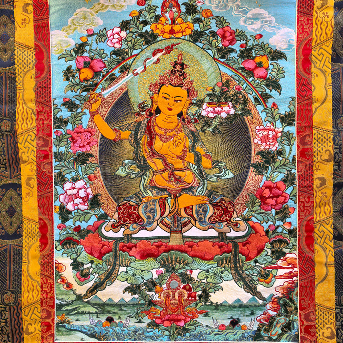 Thangka Manjushri in seta Tessuta a mano