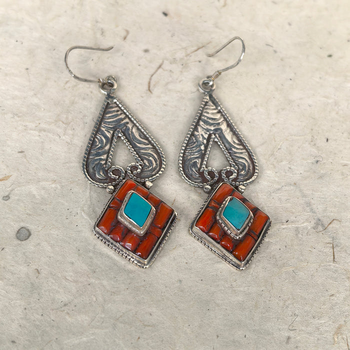 Tibetan 925 silver earrings with turquoise and coral