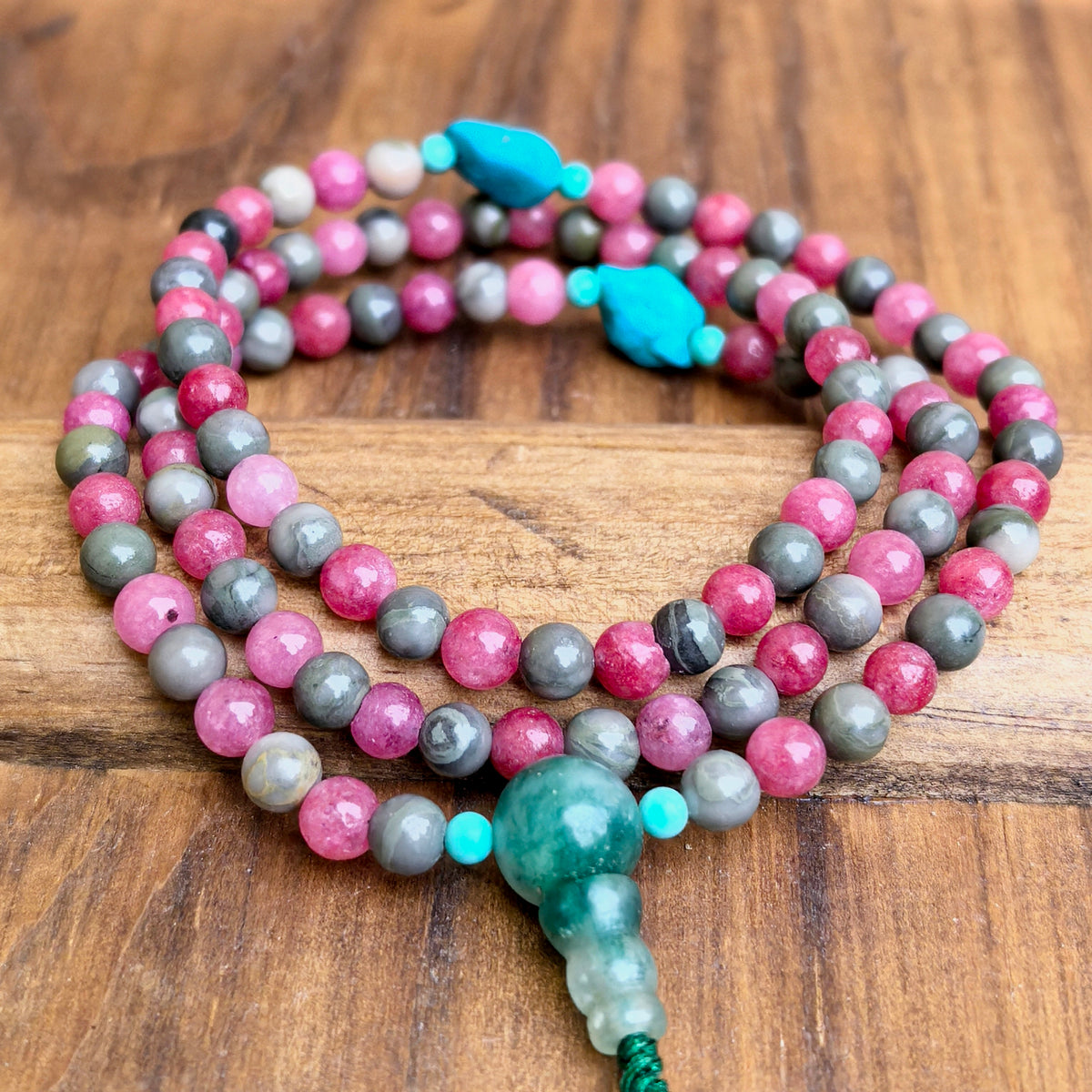 COAI Rosario Collana Mala 108 Grani In Pietre Naturali (Agata, Diaspro, Aventurina, Apatite, Lapislazzuli, Ametista) Con Ciondolo Cuore In Sodalite. Annodata A Mano, Lunghezza 76cm, Unisex
