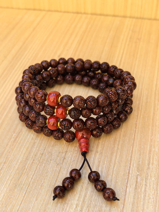 Mala Rudraksha 108 Grani con Guru in Diaspro Rosso