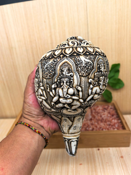 Conchiglia tibetana naturale con cinque Ganesha incisi a mano – 22 cm