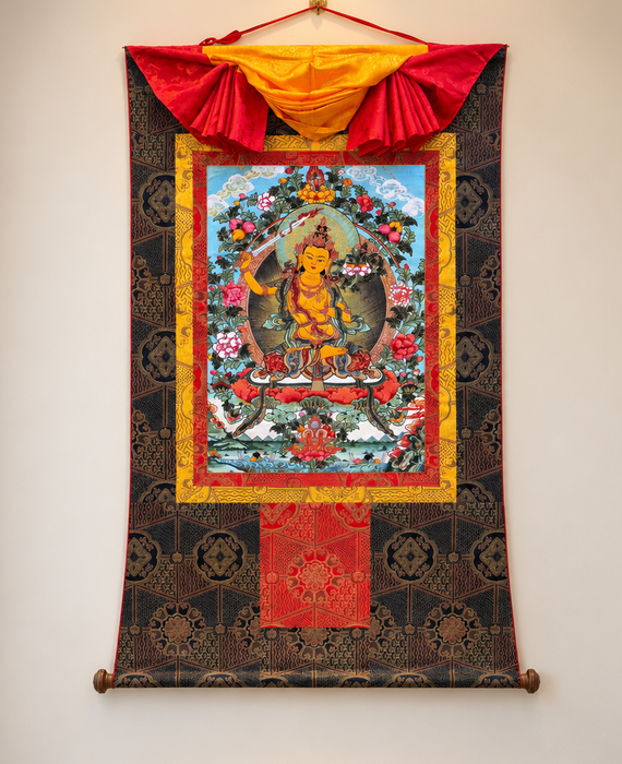 Thangka Manjushri in seta Tessuta a mano