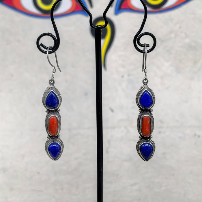 Tibetan silver earrings with lapis lazuli and coral