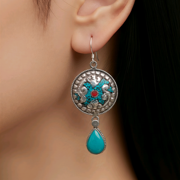Tibetan silver earrings with turquoise and coral