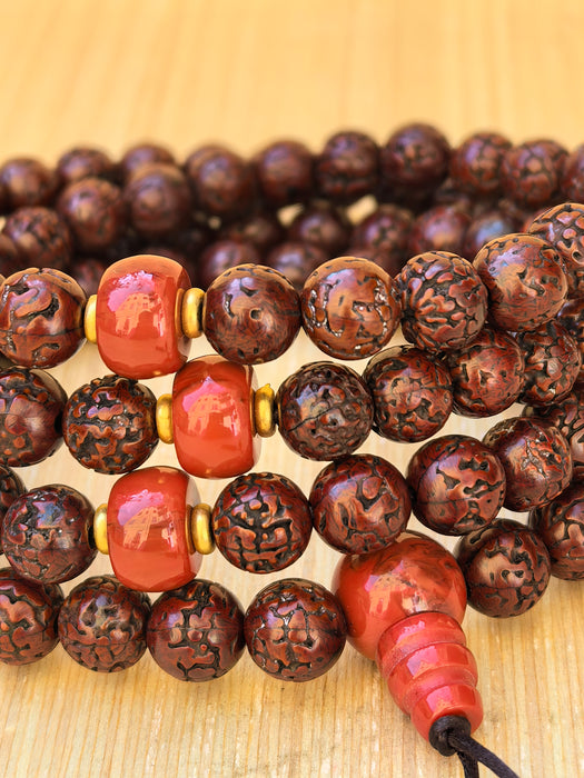 Mala Rudraksha 108 Grani con Guru in Diaspro Rosso