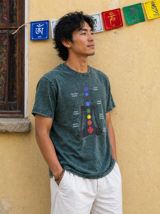 T-shirt stampa 7 chakra in stone wash verde