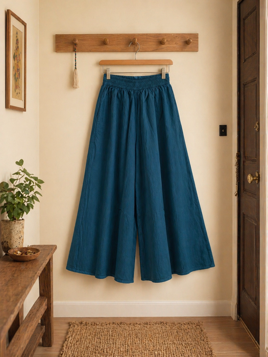 Pantalone gonna gamba larga in cotone blu petrolio