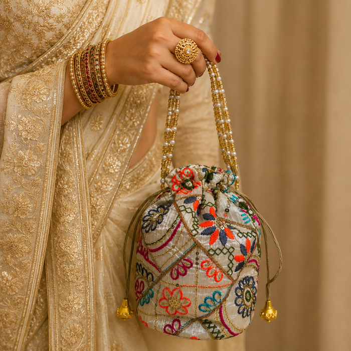 Borsa Potli Indiana bianca in Tessuto di Sari con Ricami e Perline Dorate