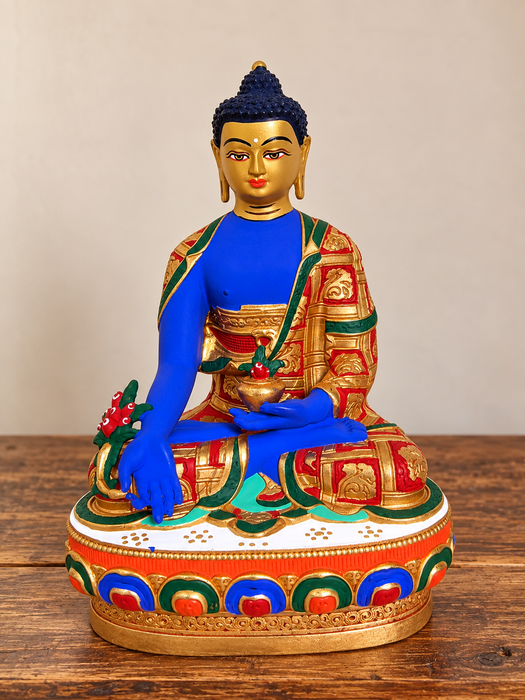 Statua Buddha della Medicina in bronzo dipinto a mano
