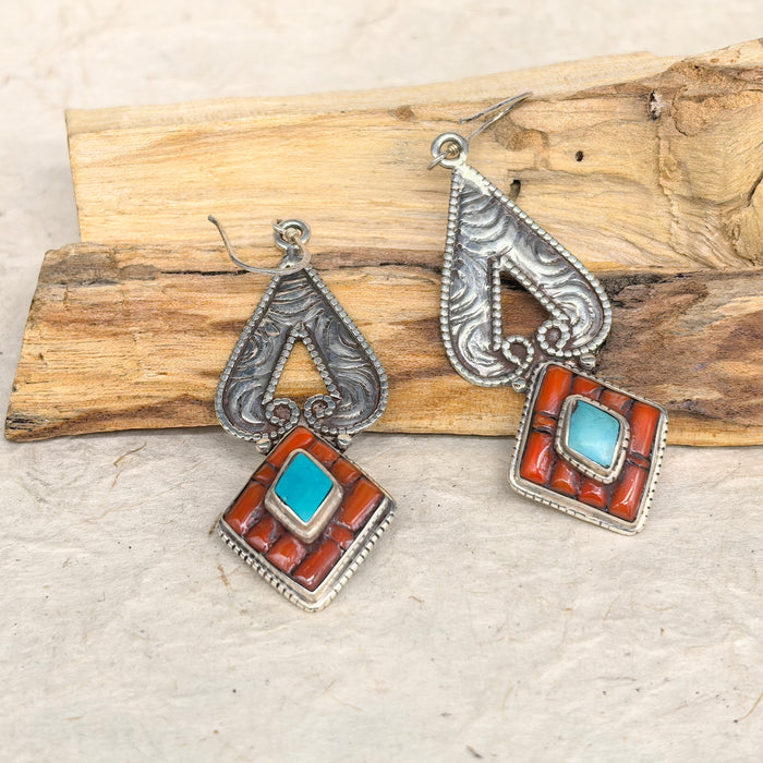 Tibetan 925 silver earrings with turquoise and coral