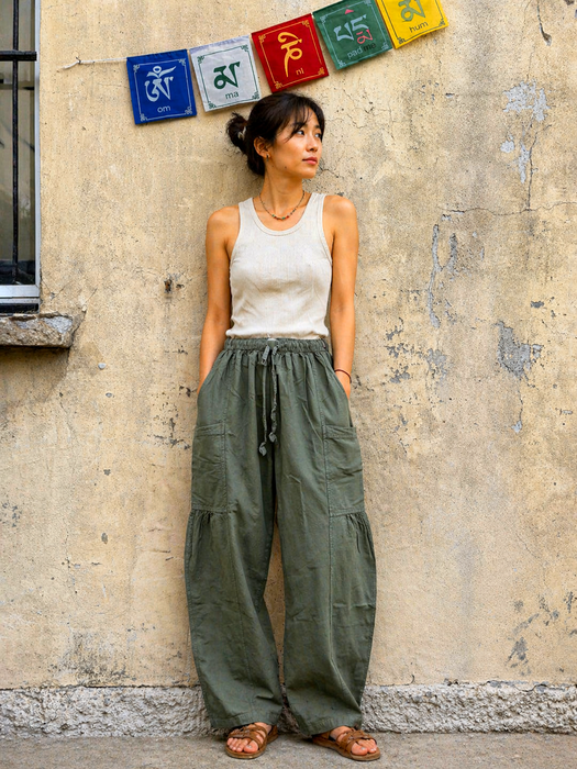 Pantalone a gamba larga con coulisse in vita Verde