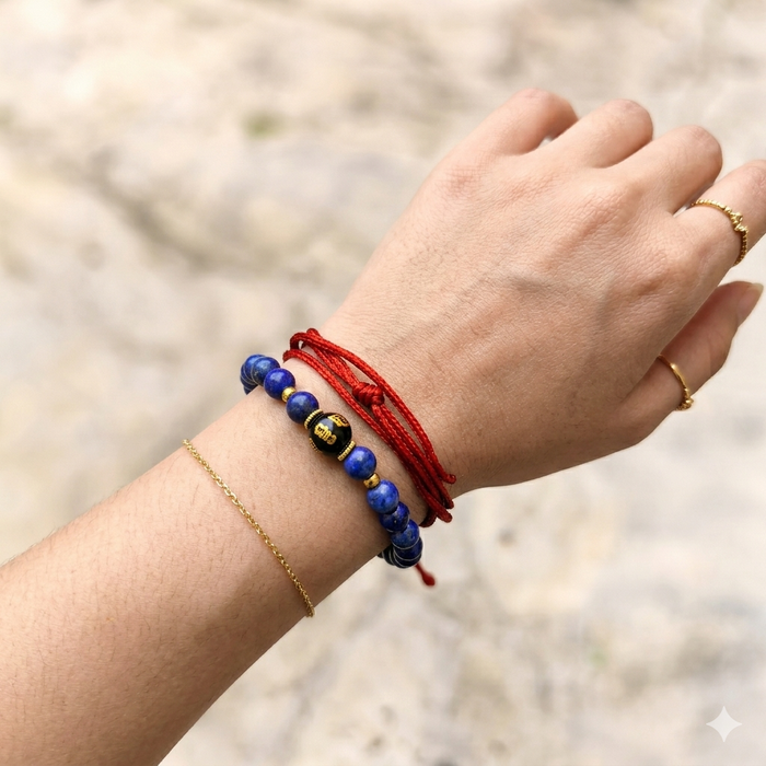 Lapis lazuli bracelet with Om mani padme hum on Black Tourmaline