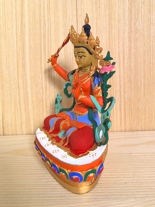 Statua Manjushri in bronzo dipinto a mano