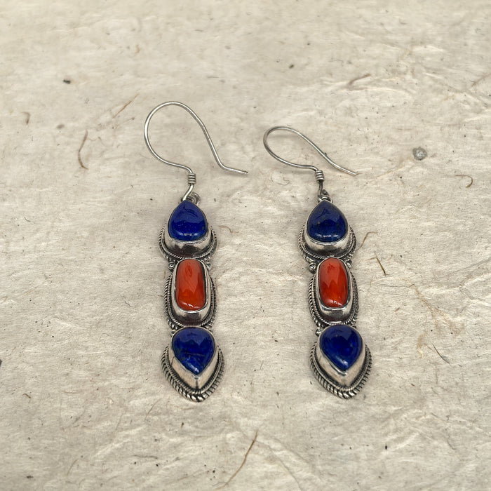 Tibetan silver earrings with lapis lazuli and coral