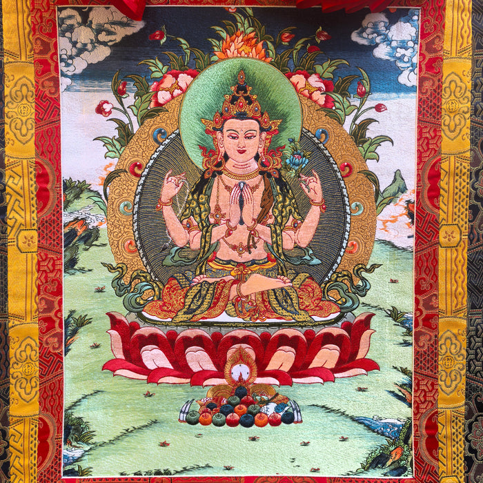 Thangka Cherezig in Seta Tessuta a mano