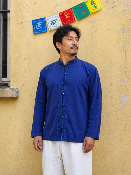 Navy blue long-sleeved Korean collar shirt
