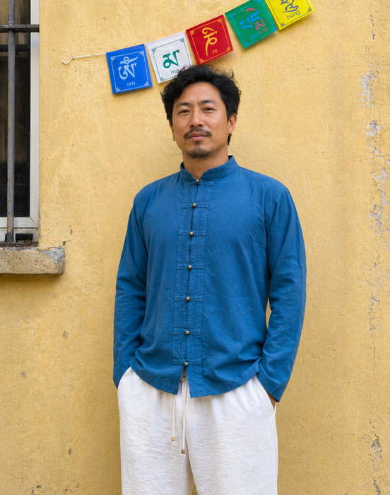 Petroleum blue long-sleeved Korean collar shirt