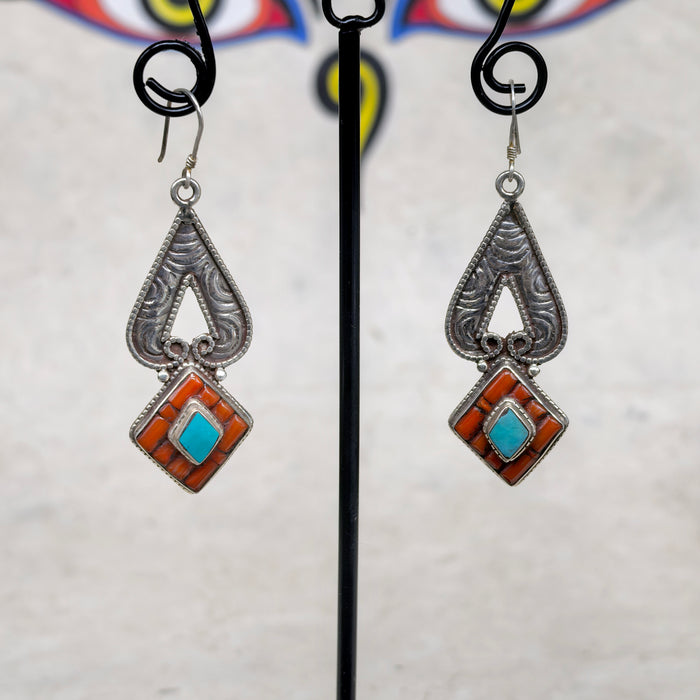 Tibetan 925 silver earrings with turquoise and coral