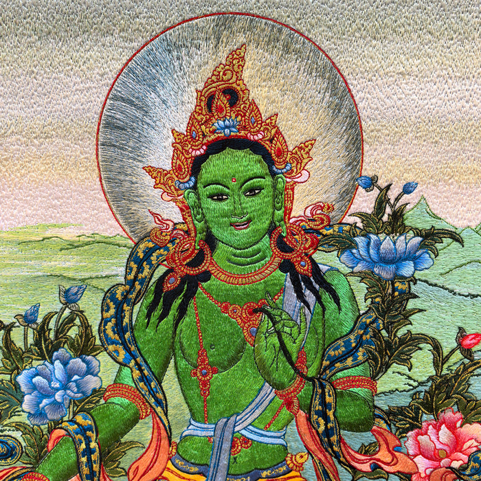 Thanka Tara Verde in Seta Tessuta a mano