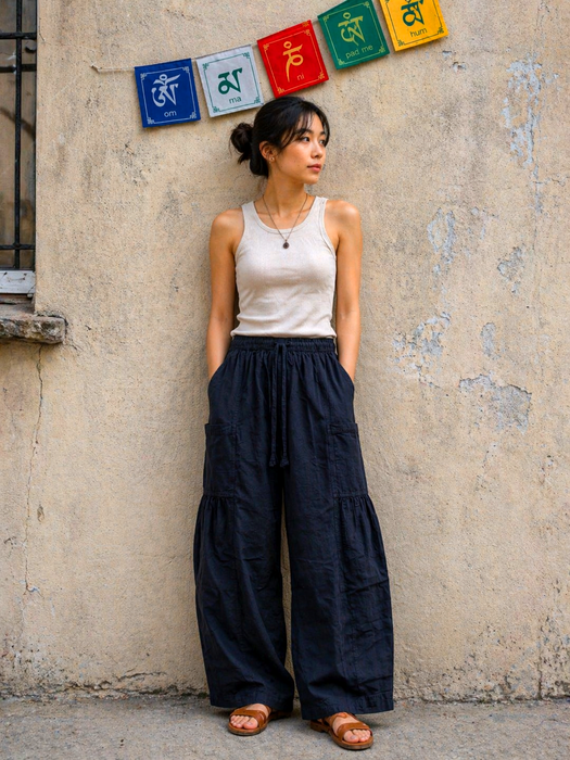 Pantalone a gamba larga con coulisse in vita Nero
