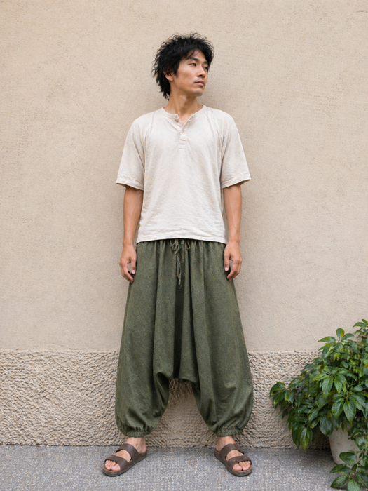 Green cotton drop crotch trousers
