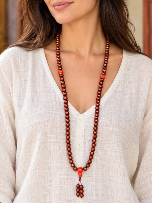 Mala Rudraksha 108 Grani con Guru in Diaspro Rosso
