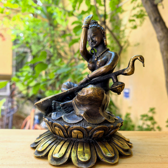 Saraswati on Lotus Flower - Handmade Statue from Nepal