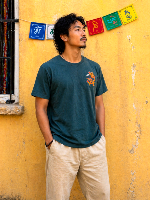 Embroidered Dragon Cotton T-shirt in Black