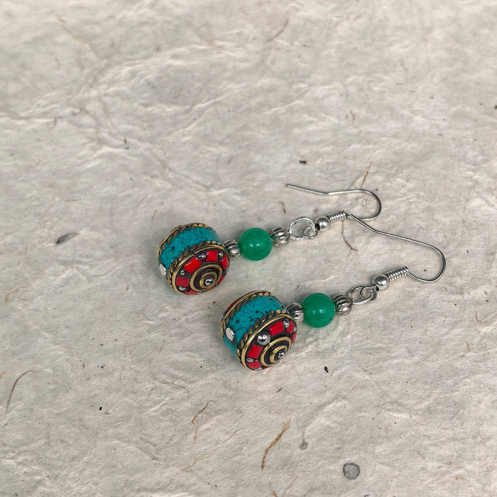 Handcrafted Tibetan Earrings with Green Agate Beads