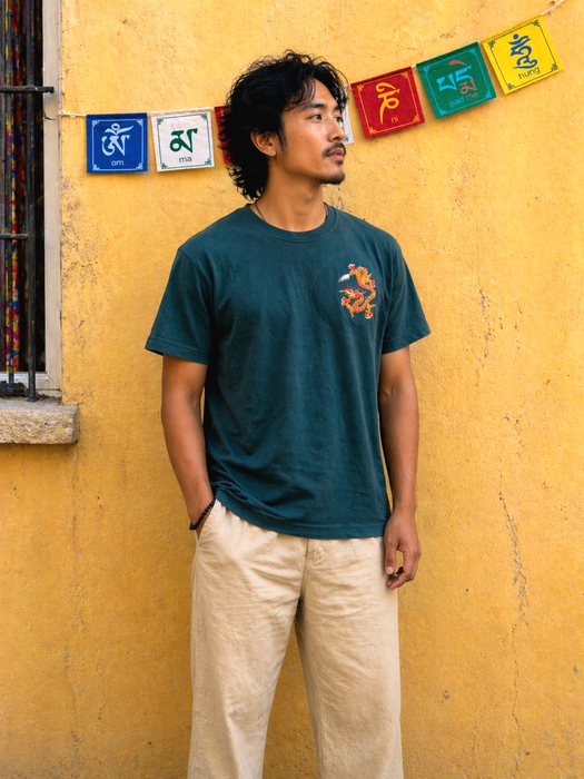 Embroidered Dragon Cotton T-shirt in Black